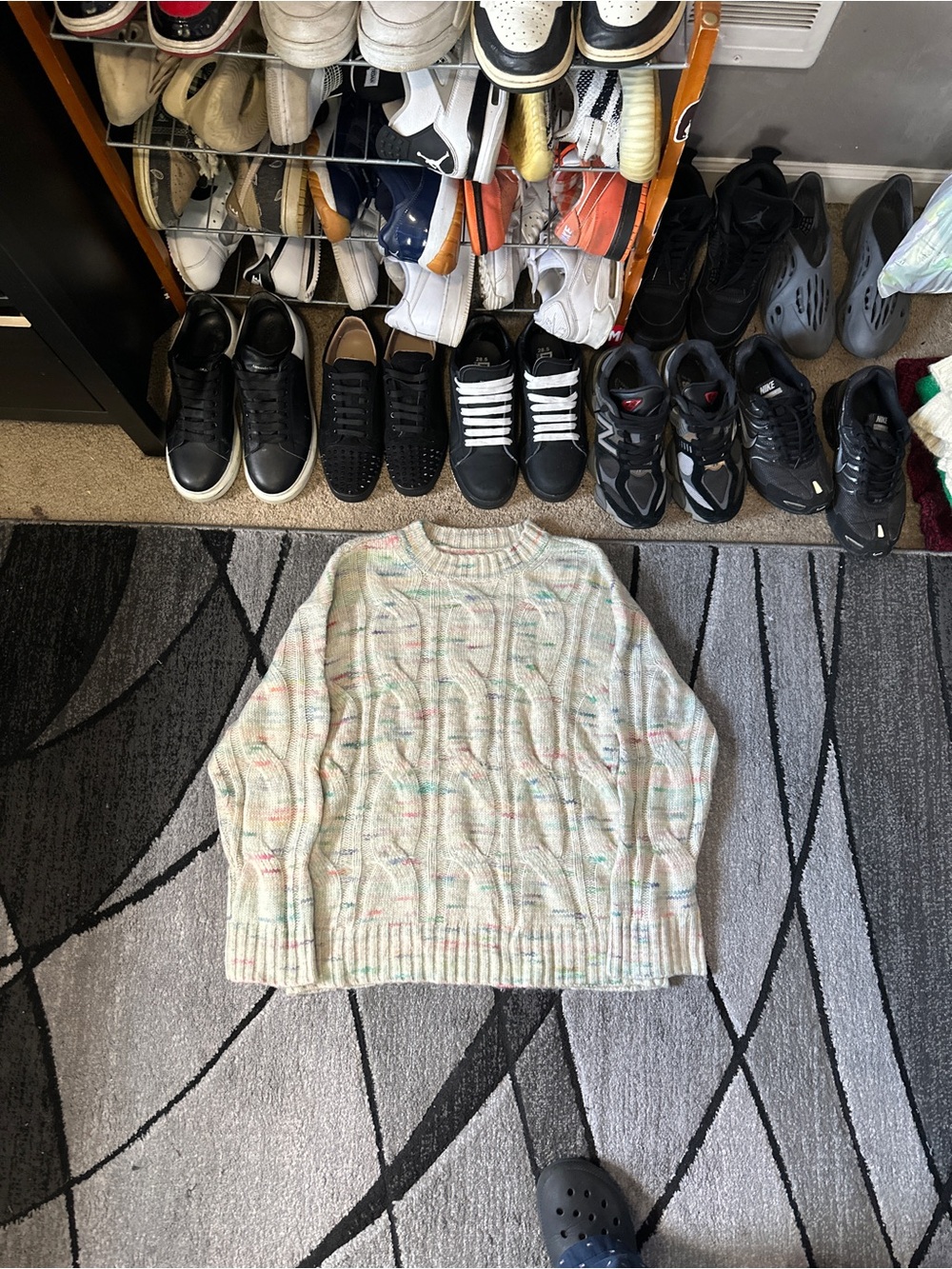 American Eagle Outfitters Cream Cable Knit Crewneck with Pastel Speckles